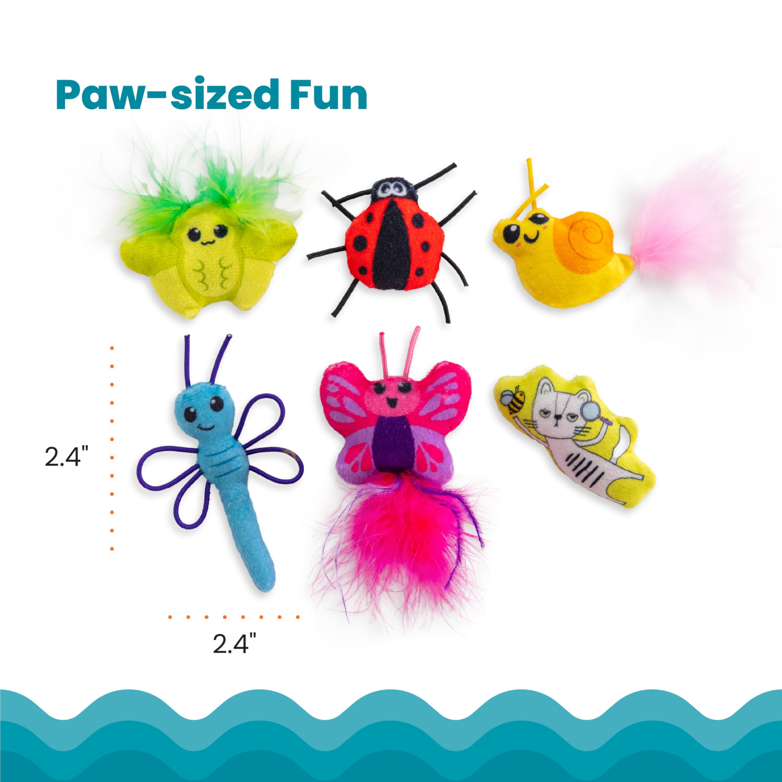Catstages Cute As A Bug Plush Interactive Cat Toys, Bug Themed Kicker Catnip Toys With Feathers, Crinkle, Mesh, 6Pk, Small, Mult